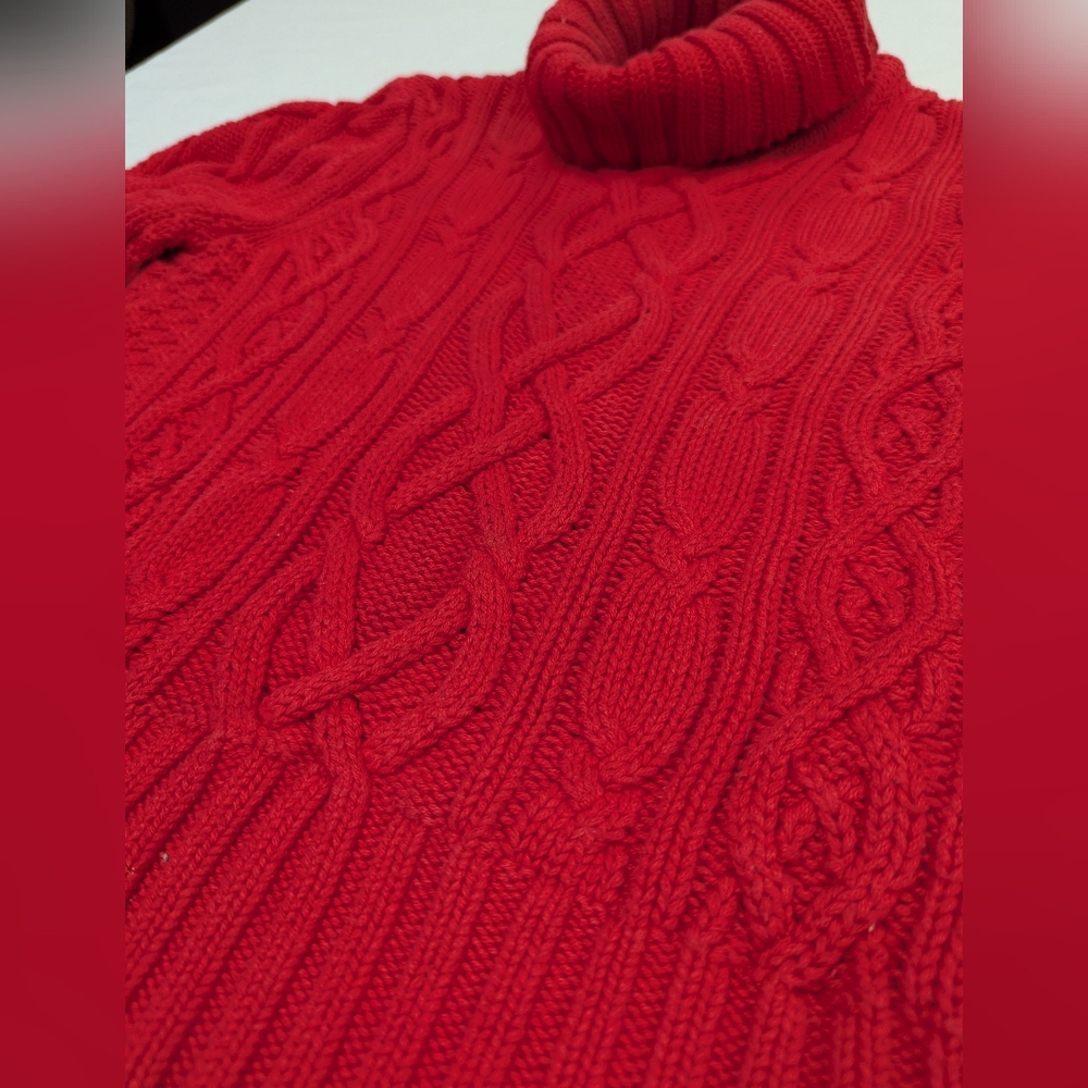 Lands' End Drifter Chunky Cable Knit Turtleneck Sweater In Red - Picture 6 of 12